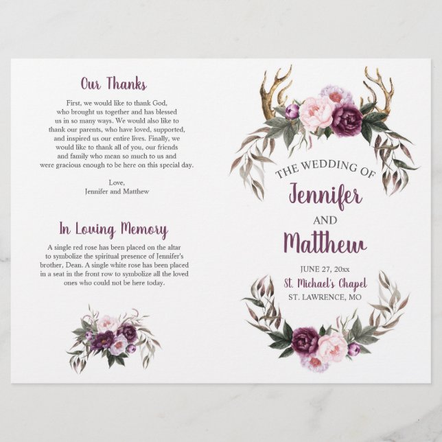 Rustic Boho Antlers Purple Plum Pink Peonies (Front)