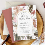 Rustic Boho Arch Frame Floral 90th Birthday Party Invitation<br><div class="desc">Celebrate this important milestone birthday with this wonderfully beautiful rustic boho watercolor floral 90th birthday party invitation. It has a sumptuous neutral colour palette in beige, green, peach, and tinges of pink and terracotta. A beautiful arched frame with gold accent adds elegance to the design. The back of the invitation...</div>