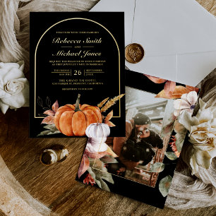 Rustic Boho Arch Pumpkin Photo Black Wedding Gold