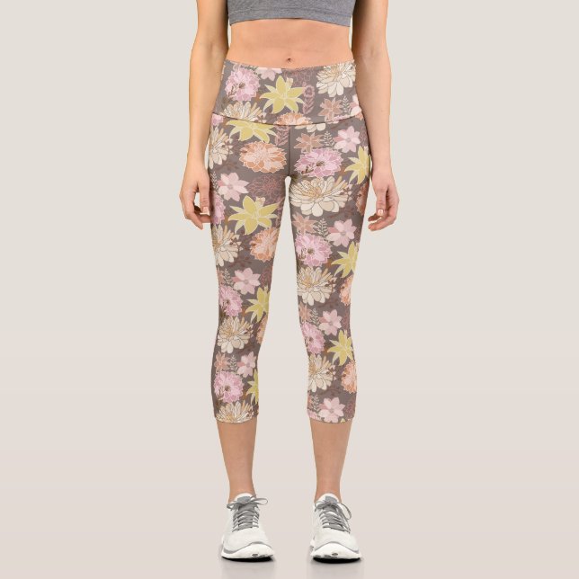 Rustic Boho Asphalt Floral Pattern  Capri Leggings (Front)