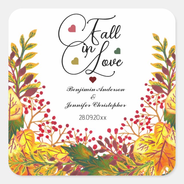 Rustic Boho Autumn Floral Wedding fall in Love Square Sticker (Front)