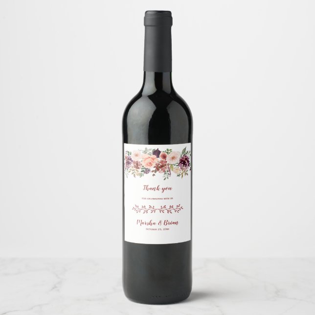 Rustic Boho Autumn Watercolor Floral Wine Labels (Front)