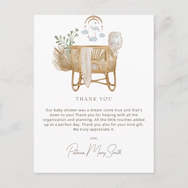 Rustic Boho Baby Cot Baby Shower Thank You Postcard (Front)