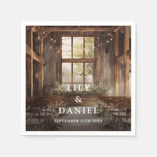 Rustic Boho Barn String Lights Photo Wedding Napkin (Front)