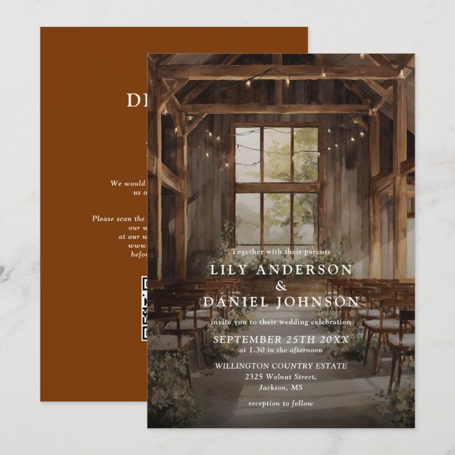 Rustic Boho Barn String Lights QR Code Wedding Invitation (Front/Back)