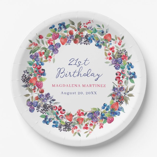 Rustic Boho Berry Summer 21st Birthday Custom Paper Plate (Front)
