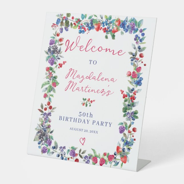 Rustic Boho Berry Summer 50th Birthday Welcome Pedestal Sign (Front)
