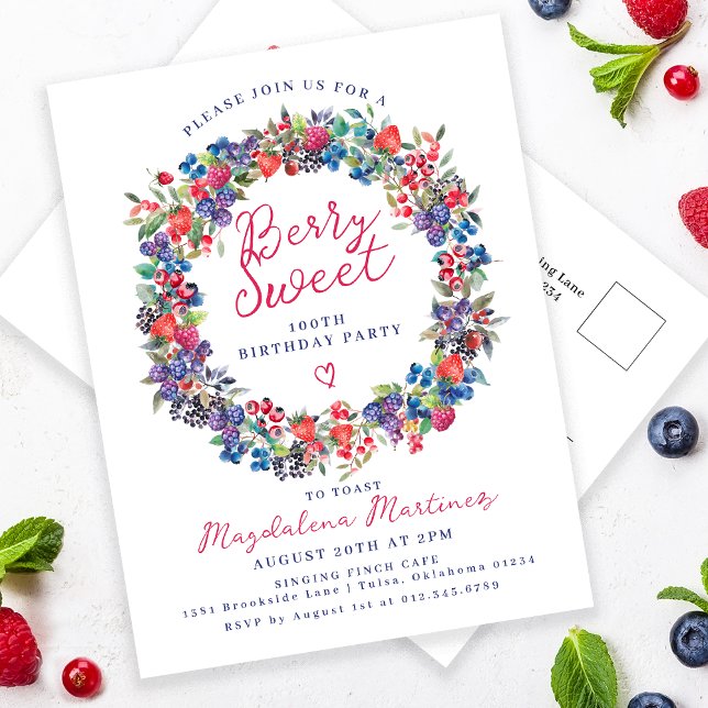 Rustic Boho Berry Sweet Summer 100th Invitation Postcard (Creator Uploaded)