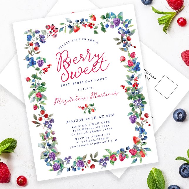 Rustic Boho Berry Sweet Summer 30th Invitation Postcard (Creator Uploaded)