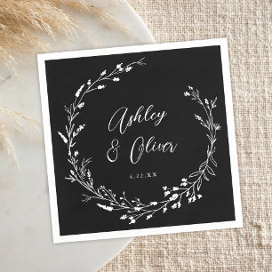 Rustic Boho Black White Wildflower Floral Wedding Napkin
