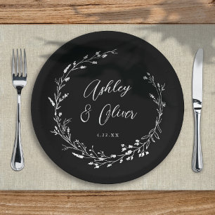 Rustic Boho Black Wildflower Botanical Wedding Paper Plate