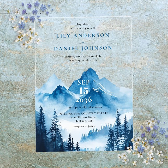 Rustic Boho Blue Watercolor Mountain Wedding Acrylic Invitations (Rustic Boho Watercolor Mountain Wedding Acrylic Invitations)