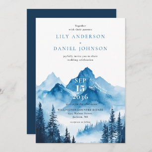 Rustic Boho Blue Watercolor Mountain Wedding Invitation