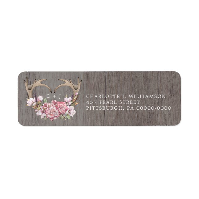 Rustic Boho Blush Floral Antlers Return Address    (Front)