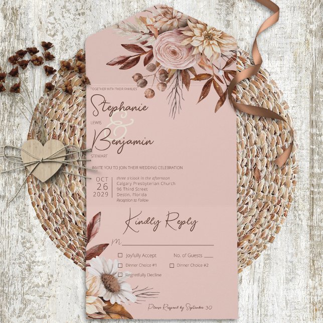 Rustic Boho Blush Neutrals Floral Pink Dinner All In One Invitation (Creator Uploaded)
