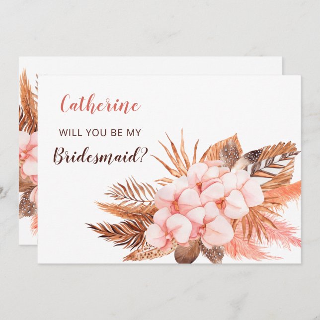 Rustic Boho Blush Pampas Will You Be My Bridesmaid Invitation (Front/Back)
