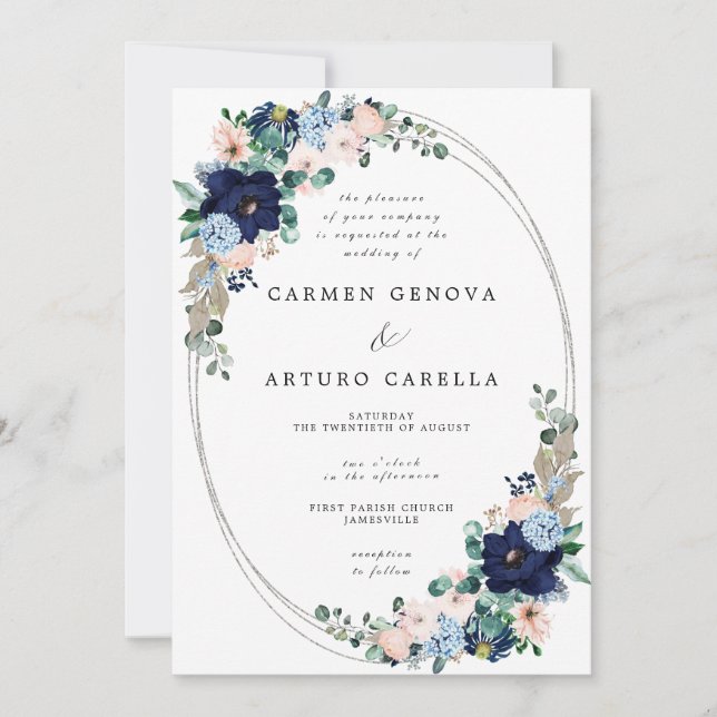 Rustic Boho Blush Pink Dusty Blue Floral Wedding I Invitation (Front)