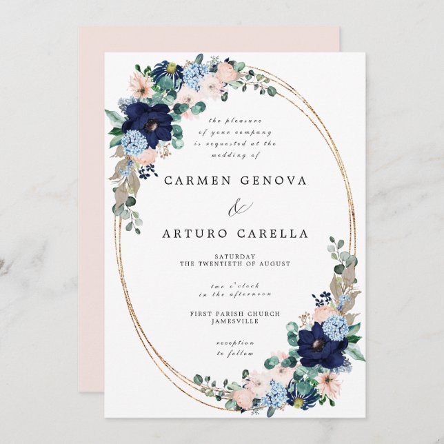 Rustic Boho Blush Pink Dusty Blue Floral Wedding I Invitation (Front/Back)