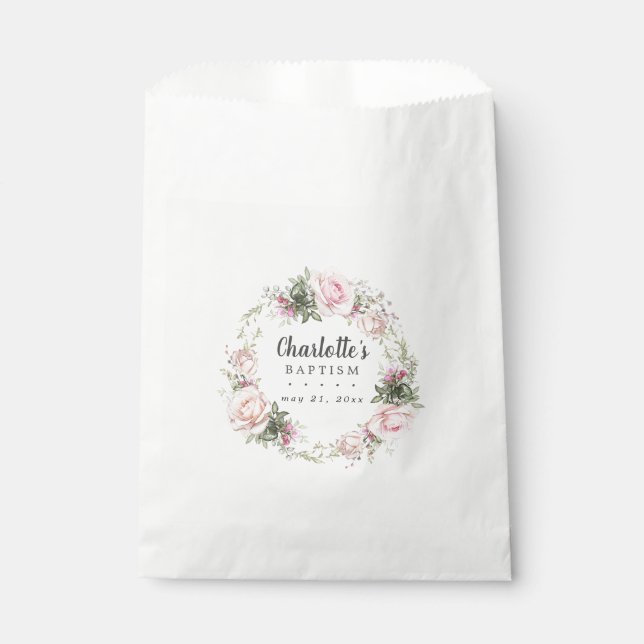 Rustic Boho Blush Pink Rose Floral Baptism Favour Bags (Front)
