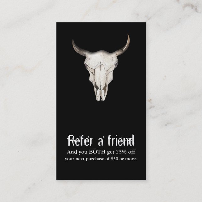 Rustic Boho Bohemian Cow Bull Refer a Friend Referral Card (Front)