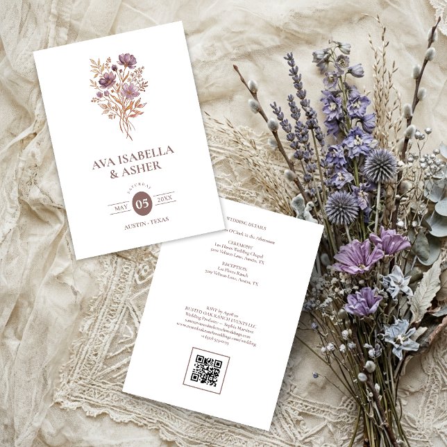 Rustic Boho Botanical Posy Mauve Wedding TLW26 Invitation (Rustic Boho Botanical Posy Mauve Purple Wedding Invitation Card with a Lovely Watercolor Effect.)