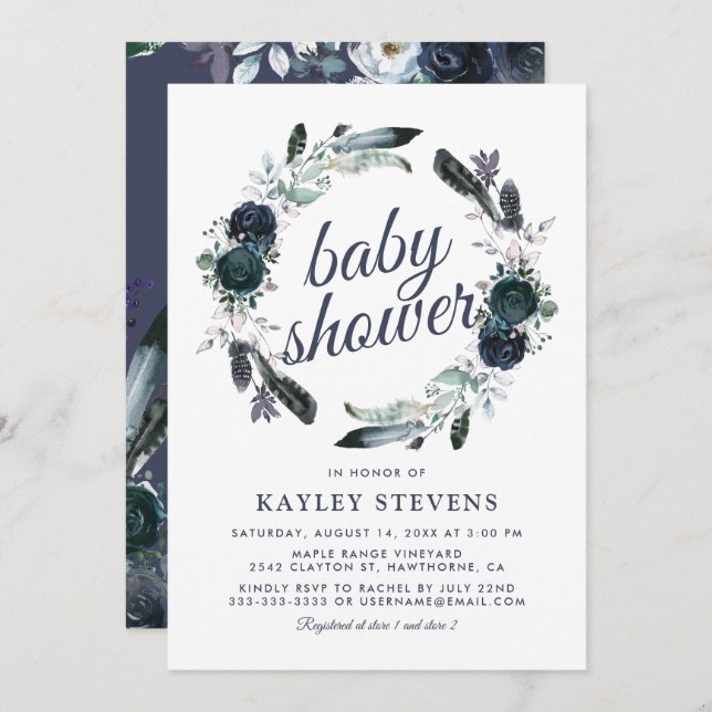 Rustic Boho Boy Blue Floral Baby Shower Invitation (Front/Back)