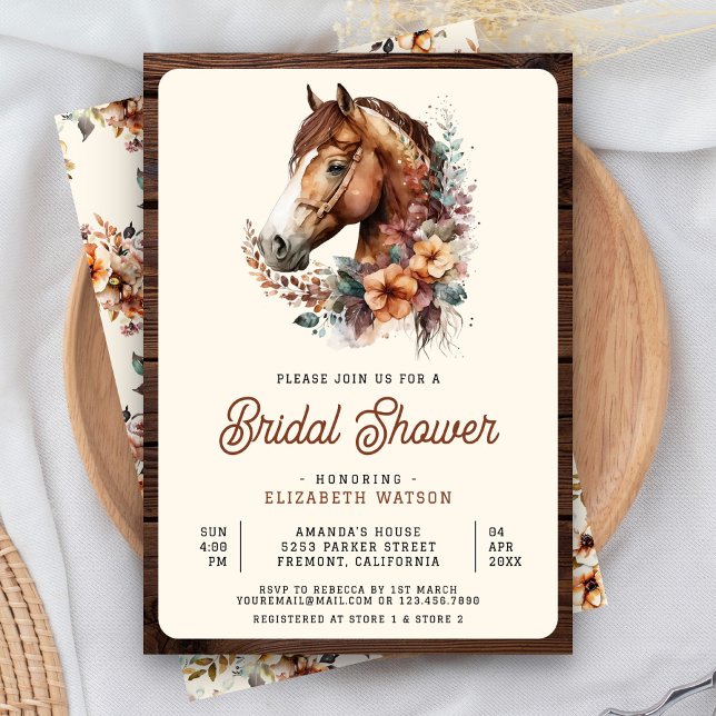 Rustic Boho Brown Floral Horse Bridal Shower Invitation (Creator Uploaded)