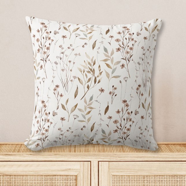 Rustic Boho Brown Pretty Flowers Leaves Pattern Cushion (In situ)