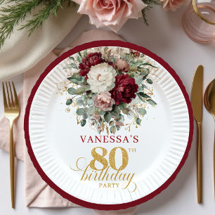 Rustic Boho Burgundy Floral 80th Birthday Paper   Plate