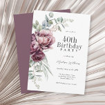 Rustic Boho Burgundy Plum Floral 40th Birthday Invitation<br><div class="desc">A beautifully stylish 40th birthday party invitation that captures the essence of rustic elegance with its arched bouquet of peonies and roses in harmonising deep burgundy, plum, and dusty pink with trailing eucalyptus greenery. The feminine botanical elements pop with style and boho charm. Personalise the text template with your event...</div>