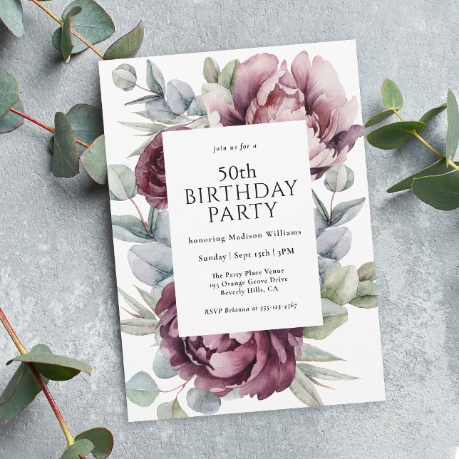 Rustic Boho Burgundy Plum Floral 50th Birthday Invitation (Available as printed invitations or paperless digital download!)