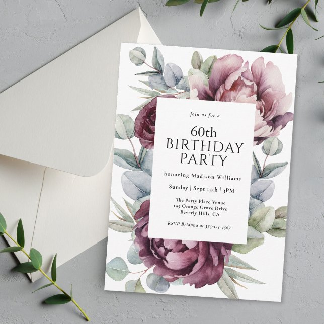 Rustic Boho Burgundy Plum Floral 60th Birthday Invitation (Available as printed invitations or as paperless digital download!)