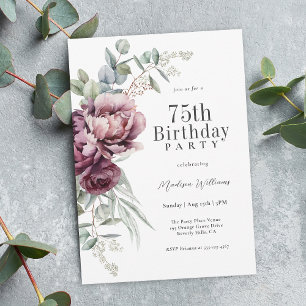 Rustic Boho Burgundy Plum Floral 75th Birthday Invitation