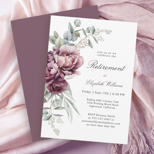 Rustic Boho Burgundy Plum Floral Retirement Party Invitation (Available as both printed and paperless digital download!)