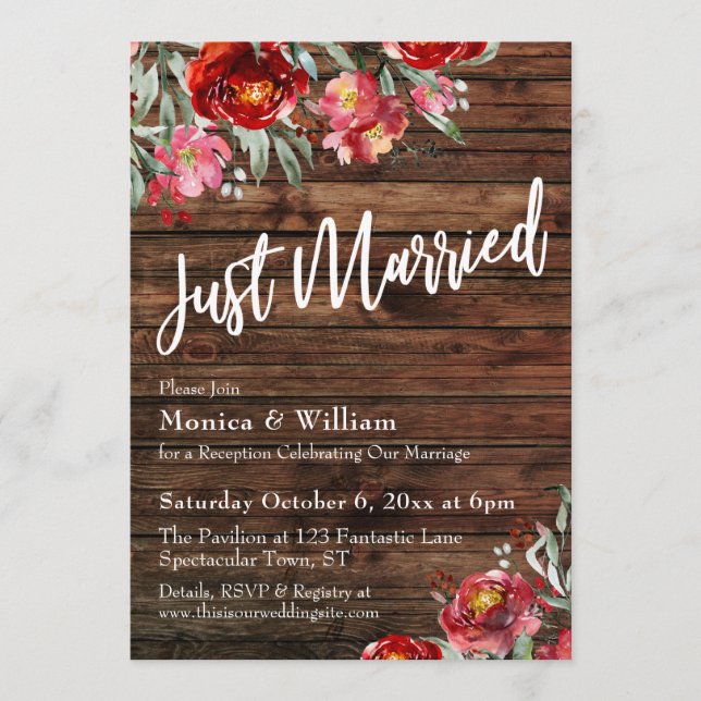 Rustic Boho Burgundy Red Floral Just Married Invitation (Front)