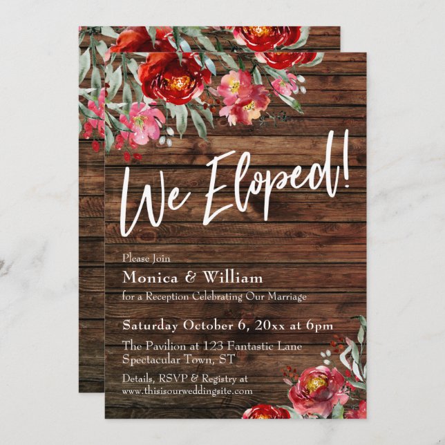 Rustic Boho Burgundy Red Floral We Eloped! Invitation (Front/Back)