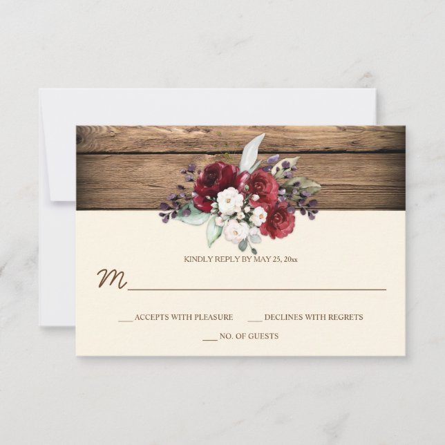 Rustic Boho Burgundy & White Roses Barn Wood RSVP Card (Front)