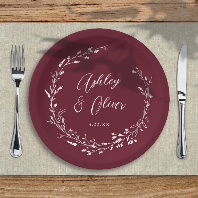 Rustic Boho Burgundy Wildflower Botanical Wedding Paper Plate (Creator Uploaded)