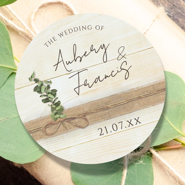 Rustic Boho Burlap Floral Wood Eucalyptus Wedding Classic Round Sticker (Creator Uploaded)