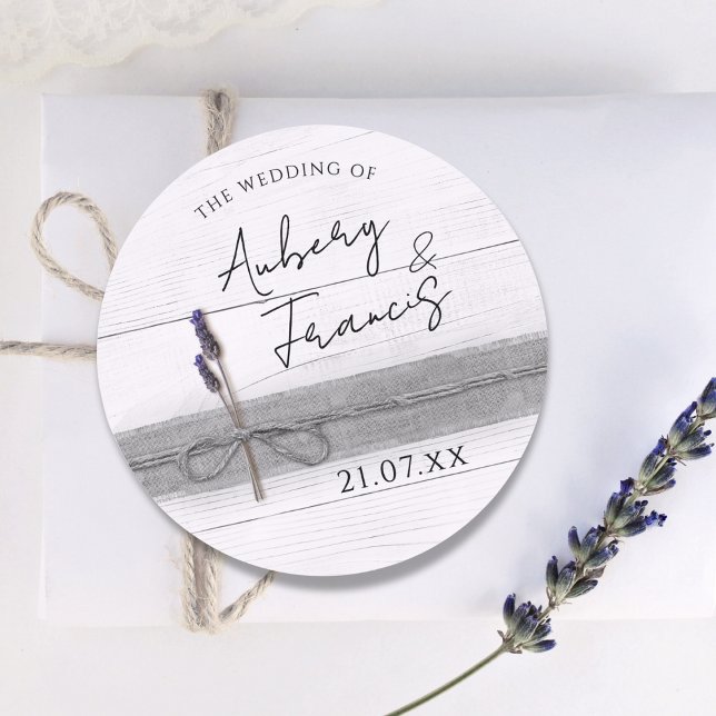Rustic Boho Burlap Lavender Wildflower Wedding Classic Round Sticker (Creator Uploaded)