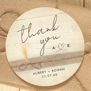 Rustic Boho Burlap Wood Pampass Grass Thank you Classic Round Sticker