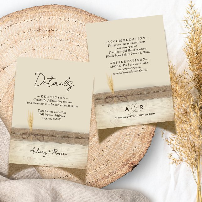 Rustic Boho Burlap Wood Pampass Wedding Details Enclosure Card (Creator Uploaded)