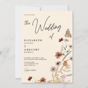 Rustic Boho Butterfly Fall Wildflower Wedding Invitation