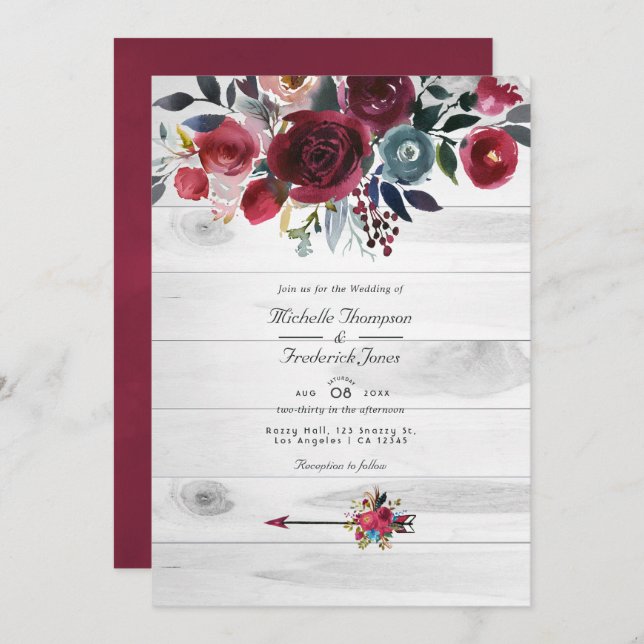 Rustic Boho Chic Burgundy and Navy Floral Wedding Invitation (Front/Back)