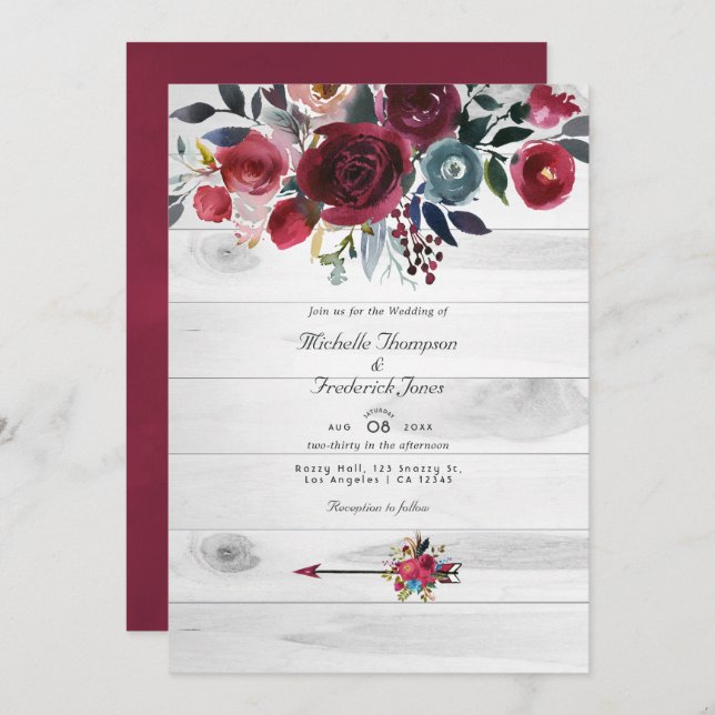 Rustic Boho Chic Burgundy and Navy Floral Wedding Invitation (Front/Back)