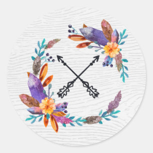 Rustic Boho Chic Crystal Gems Feathers Watercolor Classic Round Sticker