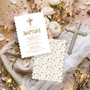 Rustic Boho Chic Floral Cross Baptism TMF26 Invitation