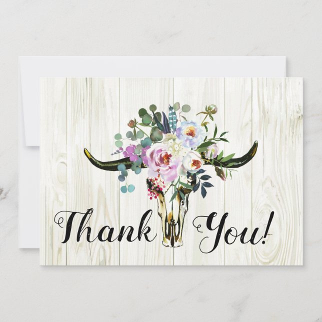 Rustic Boho Chic Floral Longhorn Skull Thank You (Front)