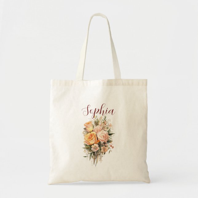 Rustic Boho Chic Peach Floral Tote Bag (Front)