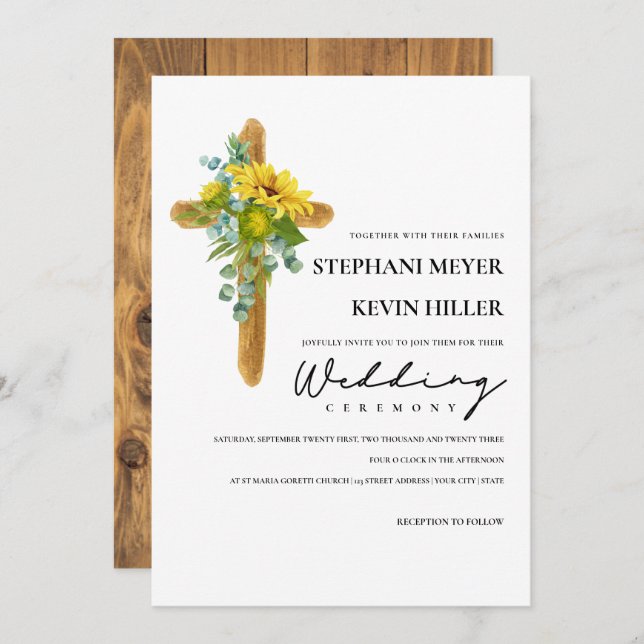 Rustic Boho Chic Sunflowers Cross Wedding Invitation (Front/Back)